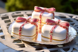 a group of small cakes with bows on a tray