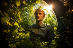 Un homme assis dans un tunnel avec des plantes