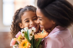 a woman and a child holding flowers