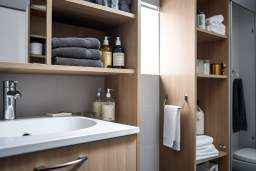 a bathroom with shelves and towels