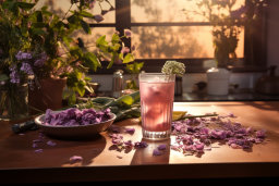 Un verre de boisson rose avec une fleur sur une table
