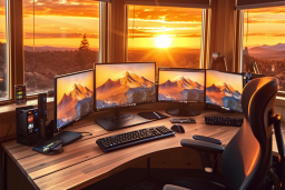 a desk with multiple monitors and a keyboard