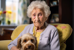 uma mulher mais velha sentada em uma cadeira com um cachorro