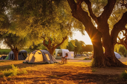 tentes dans un camping avec des arbres et une table