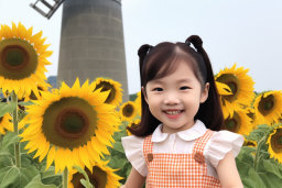 a girl smiling in front of sunflowers