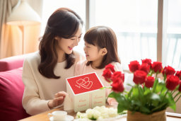 Uma mulher e uma criança olhando para uma caixa de presente