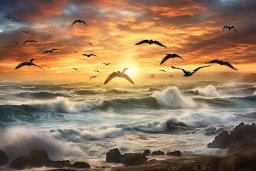 birds flying over the ocean