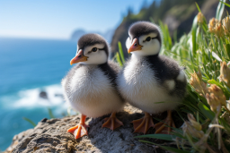 two baby ducks standing on a rock