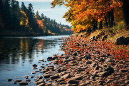 une rivière avec des arbres et des feuilles sur le rivage