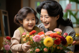 uma mulher e uma criança sorrindo e segurando flores