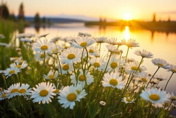 Sunset and Daisies by the Lake