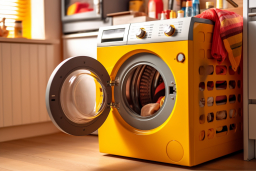 Une machine à laver jaune avec une porte ouverte