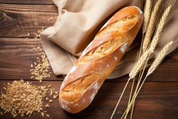 une miche de pain à côté du blé et un tissu