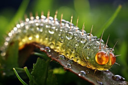a caterpillar with water droplets on it