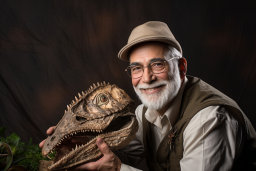Un homme tenant une tête de dinosaure
