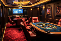 ein Zimmer mit einem Pokertisch und Stühlen