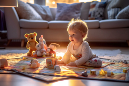 a baby sitting on a rug with toys