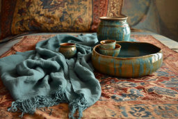Ceramic Bowls and Textile on Ornate Fabric