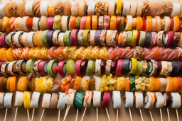 a group of sushi rolls on sticks