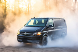a black van driving on a dirt road with smoke coming out of it