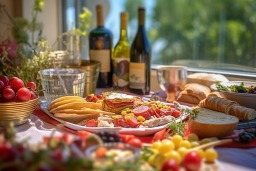 a table with food and wine bottles