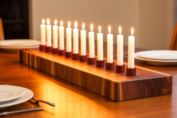 Menorah with Lit Candles on Dining Table