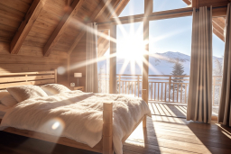 una camera da letto con una grande finestra e una vista delle montagne