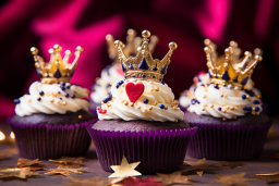 Un groupe de cupcakes avec une couronne en or et des paillettes
