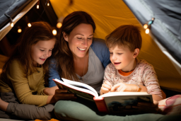 une femme et des enfants lisant un livre dans une tente