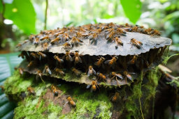 a group of bees on a mushroom