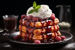 a stack of waffles with whipped cream and raspberries