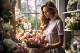 una mujer sosteniendo un jarrón de flores