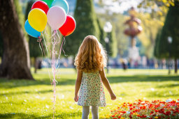 a girl holding balloons in a park