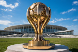 Golden Soccer Trophy in Front of Stadium