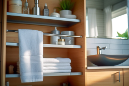 Une salle de bain avec un lavabo et des étagères avec des serviettes