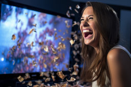 Une femme riant devant une télévision