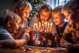 a group of children around a chocolate cake with candles