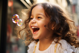 a girl laughing and blowing bubbles