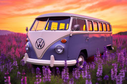 Vintage VW Bus at Sunset in Lavender Field