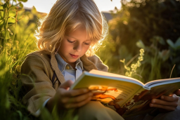 a child reading a book in the grass