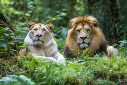 Two Lions Resting in Lush Greenery