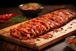 une rangée de bacon sur une planche en bois
