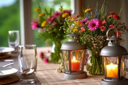 a candle in a lantern and flowers on a table