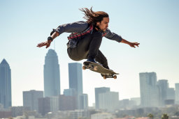 Skateboarder Mid-Air Against City Skyline