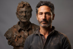 a man standing next to a statue