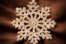 a crocheted snowflake on a brown cloth