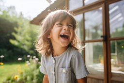 a child laughing outside a house