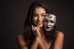 a woman smiling with a mask on her face