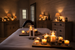Une chambre avec des bougies sur un lit