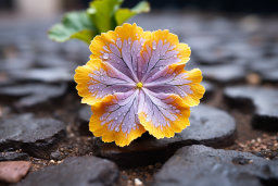 a yellow and purple flower on a rock